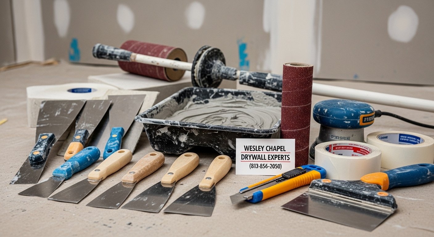 Drywall finishing tools arranged for clean patch and skim-coat work