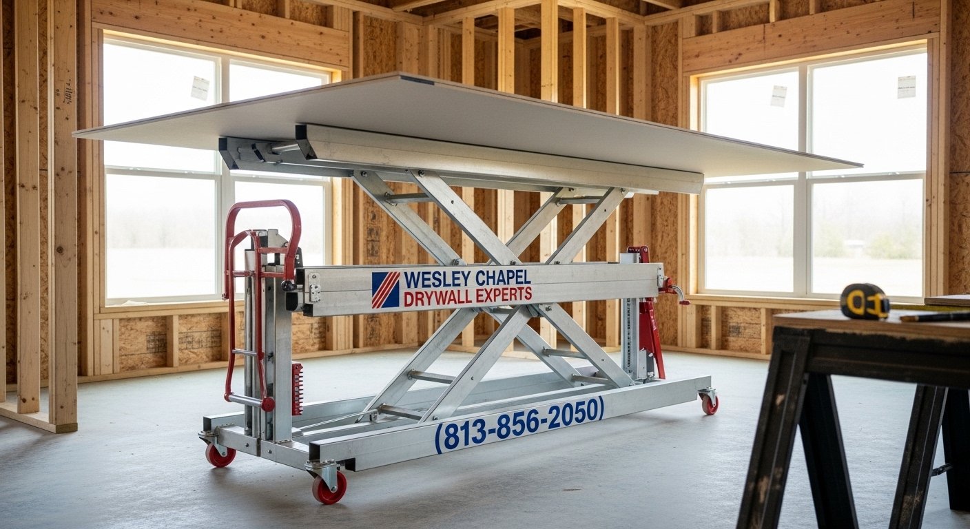 Drywall lift staged for safe sheet placement overhead
